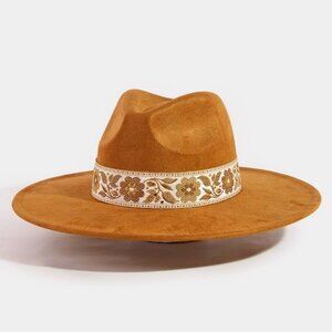 Embroidered Flower Band Felt Fedora Hat